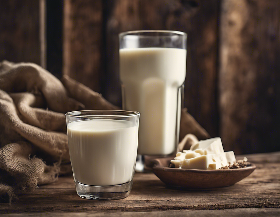 Two glasses of milk on a rustic wooden table with a brown cloth, next to a wooden plate of cheese cubes. Warm, cozy atmosphere.