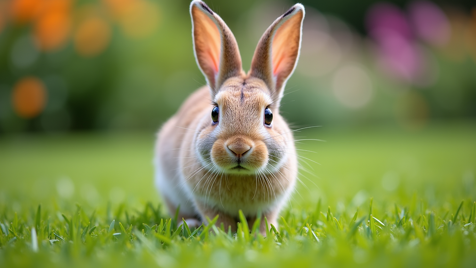Eye-level view of a Mini Rex rabbit exploring a grassy garden