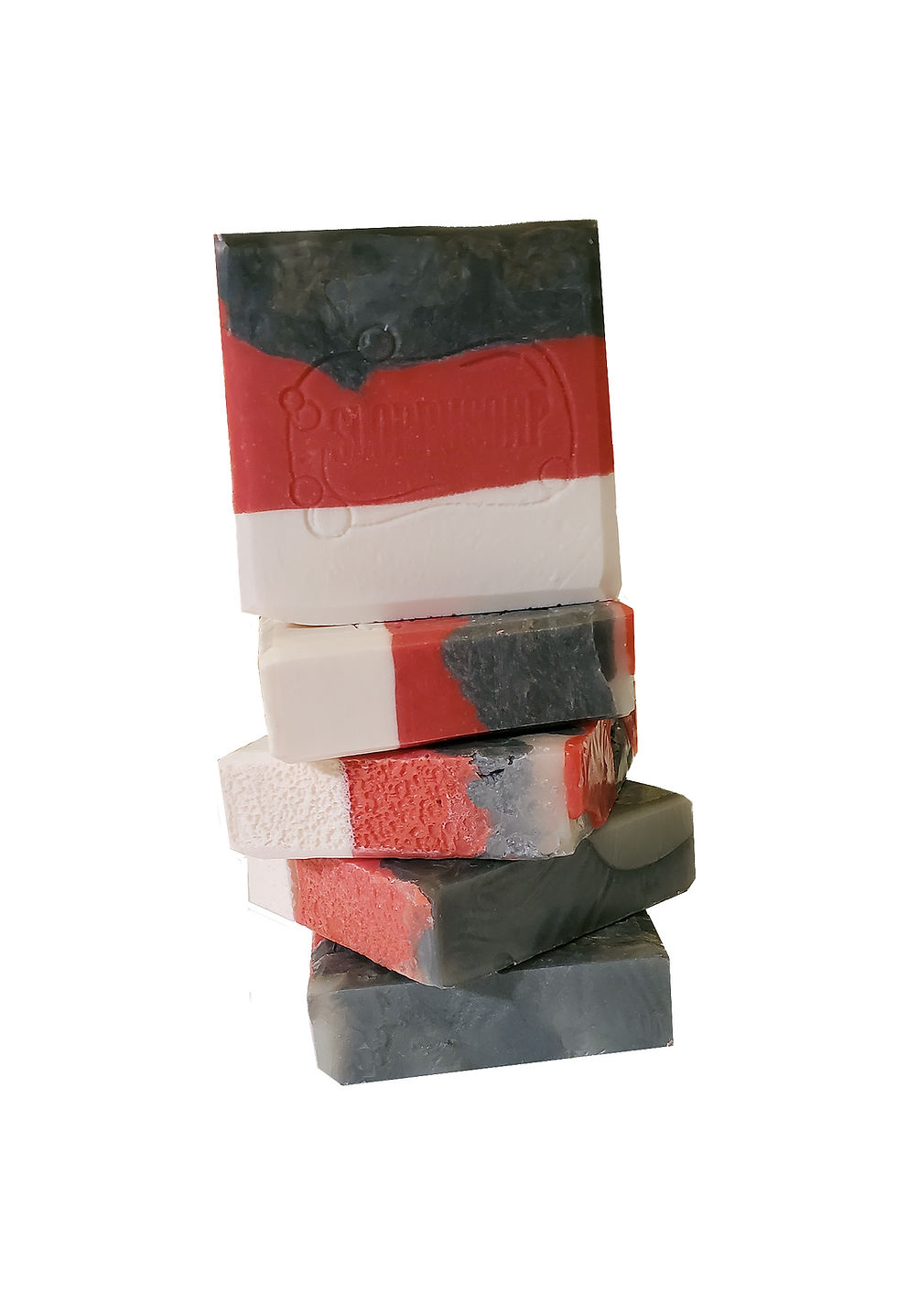 Thumbnail: Mens soap in black, white, and flannel grey, scented in patchouli and vetiver and snadalwood and lavender.