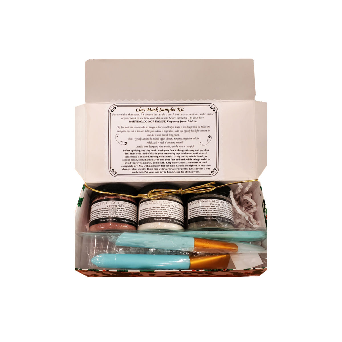 A 'candybox' of clay facial masks includes french green, rhassoul, and white kaolin clays, silicone brushes and measuring cup