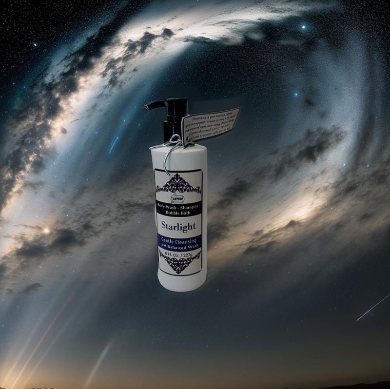 Bottle of Starlight 5-In-1 Multi Body Cleanser with celestial background