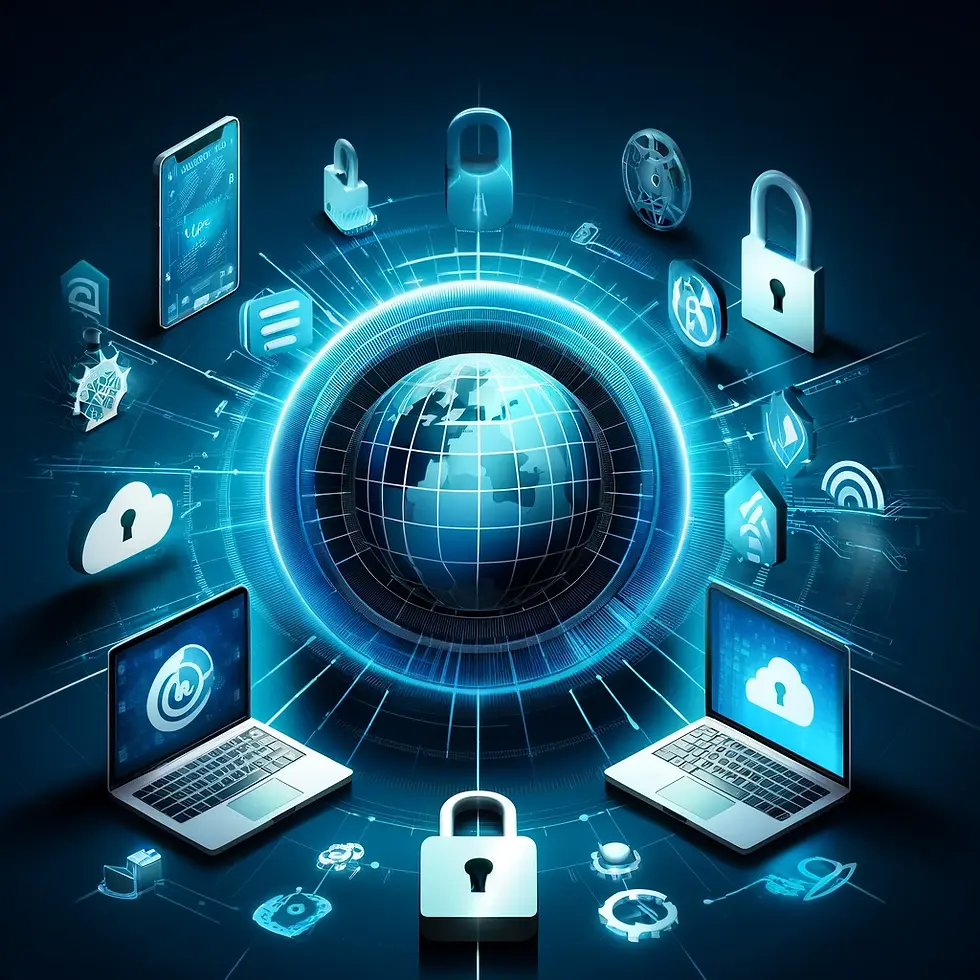 Ilustración profesional sobre tecnología VPN, destacando la seguridad digital con íconos de candados, un globo terráqueo y dispositivos electrónicos en un estilo moderno y tecnológico.