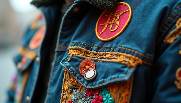 Close-up view of customized streetwear jacket with patches and embroidery