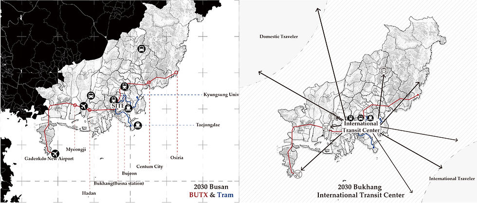 2030년, 부산의 BUTX 와 트램 계획은 "북항 복합환승센터"를 거치게 계획되었다.