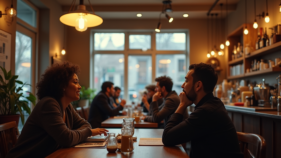 Eye-level view of a cozy café interior with people engaged in conversation