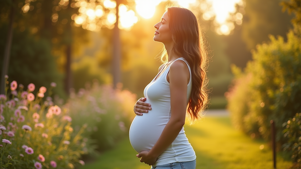 Eye-level view of a pregnant woman standing in a sunlit garden