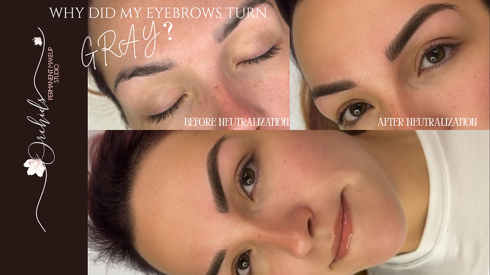 Gray eyebrow tattoo corrected with PMU neutralization and color correction showing before and after results at Orchids Permanent Makeup Studio in New Jersey.