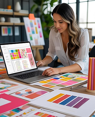 Diseñadora de DIVENTA trabajando en la conceptualización visual de un evento, seleccionando paletas de colores y layouts personalizados para una marca en Cancún.