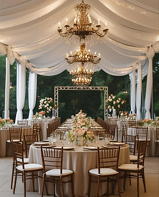 Elegante carpa drapeada con chandeliers de cristal, sillería Tiffany dorada y centros de mesa florales para una cena de gala corporativa, diseñada y producida por DIVENTA en el Caribe.