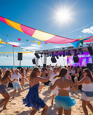 Fiesta de playa corporativa en Cancún para un viaje de incentivo, con un montaje profesional de audio y video, velarias decorativas y coordinación integral de DIVENTA en Riviera Maya.