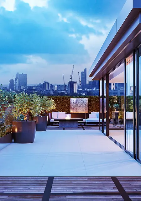Hampstead penthouse terrace with modern garden design by Levene Landscapes featuring timbe