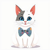 A white cat with patches of grey on its face, sat upright facing forward, blue eyes, a smi