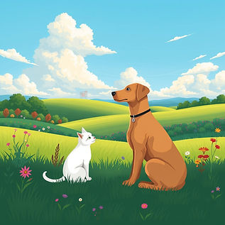 A landscape image, beautiful sky, lush green grass with various plants and colours, in the