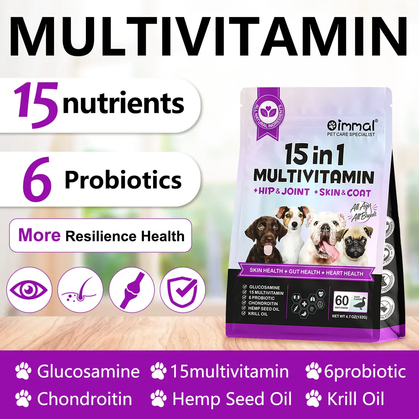 Oimmal 15 in 1 Multivitamin Hip Joint Skin Coat Chews 60 Duck