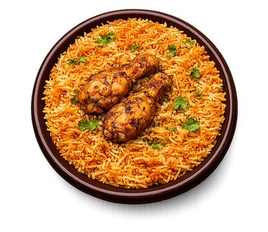 chicken biriyani with leg pieces on top