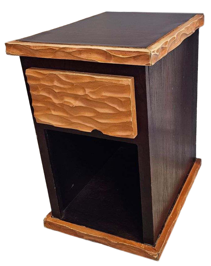 dark wood nightstand with one shelf and one drawer, has lighter textured drawer, and border on top and bottom