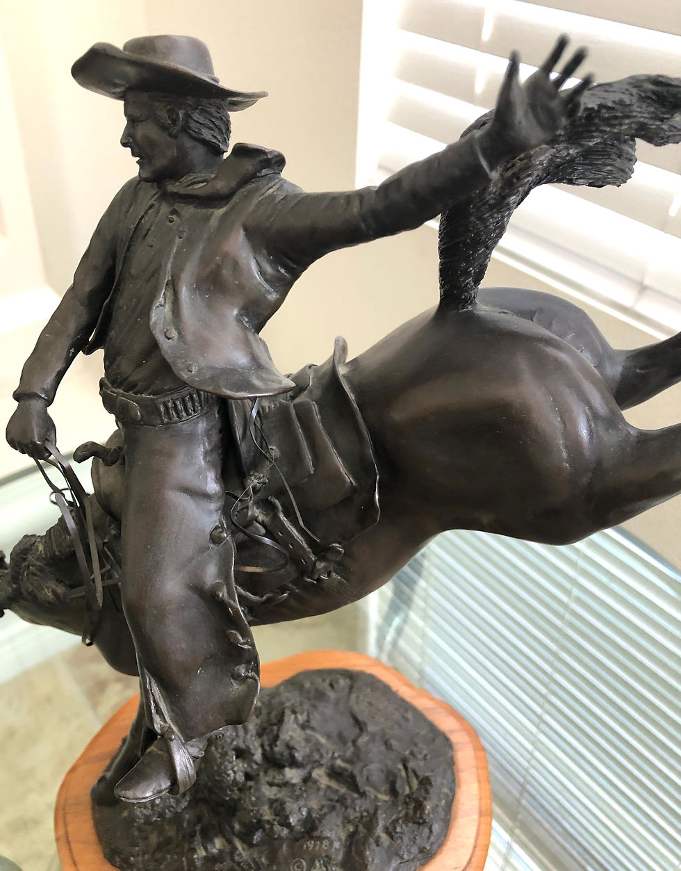 Thumbnail: bronze bucking horse and rider closeup left side view