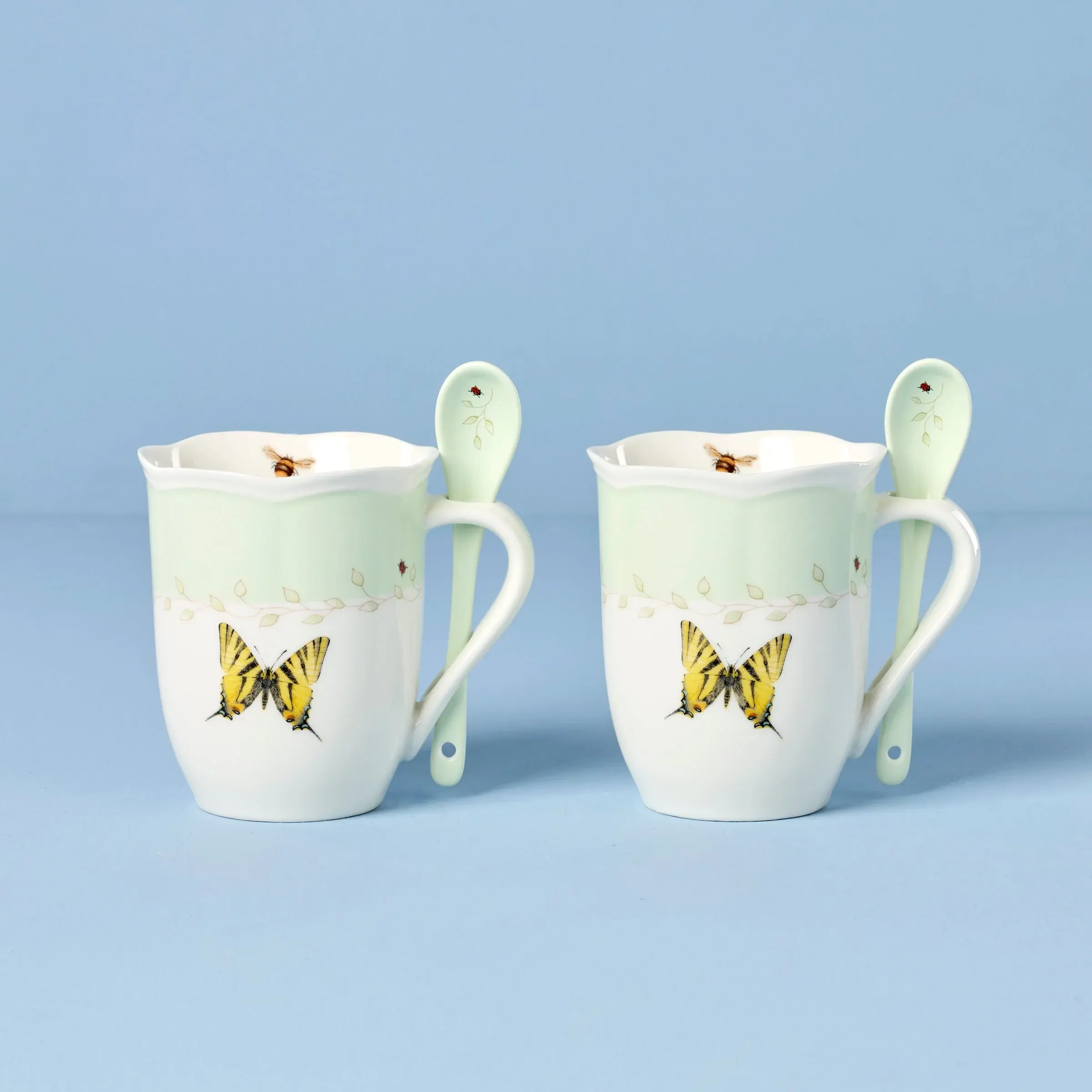 Butterfly Meadow Green Mugs With Spoons - Set of 2