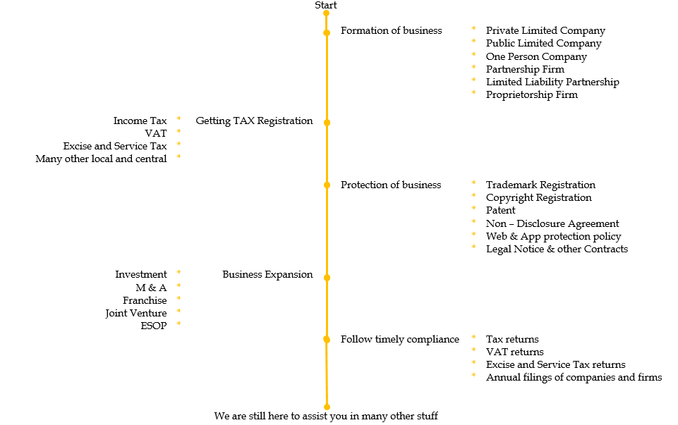 Formation of business, Getting TAX regstration, Protection of business, Business Expansion, Follow timely compilance