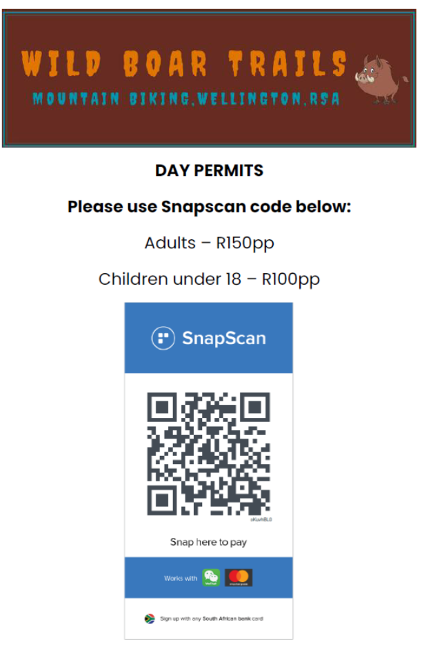 Wild Boar Trails mountain biking day permits, SnapScan payment