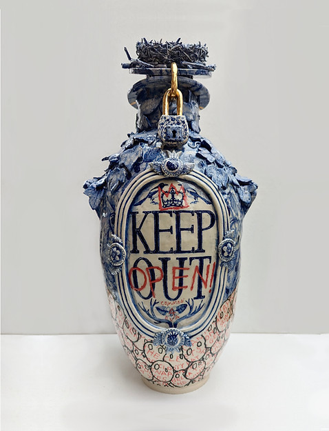 Ghosts of the Commons, front view of ceramic vase by Jam Westwood