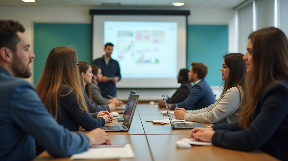 Wide angle view of a vibrant classroom filled with students learning about financial literacy
