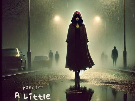 Dark, cinematic artwork of a mysterious woman in a red hooded cloak walking alone down a foggy, wet street at night, illuminated by glowing streetlamps with shadowy figures watching in the distance.
