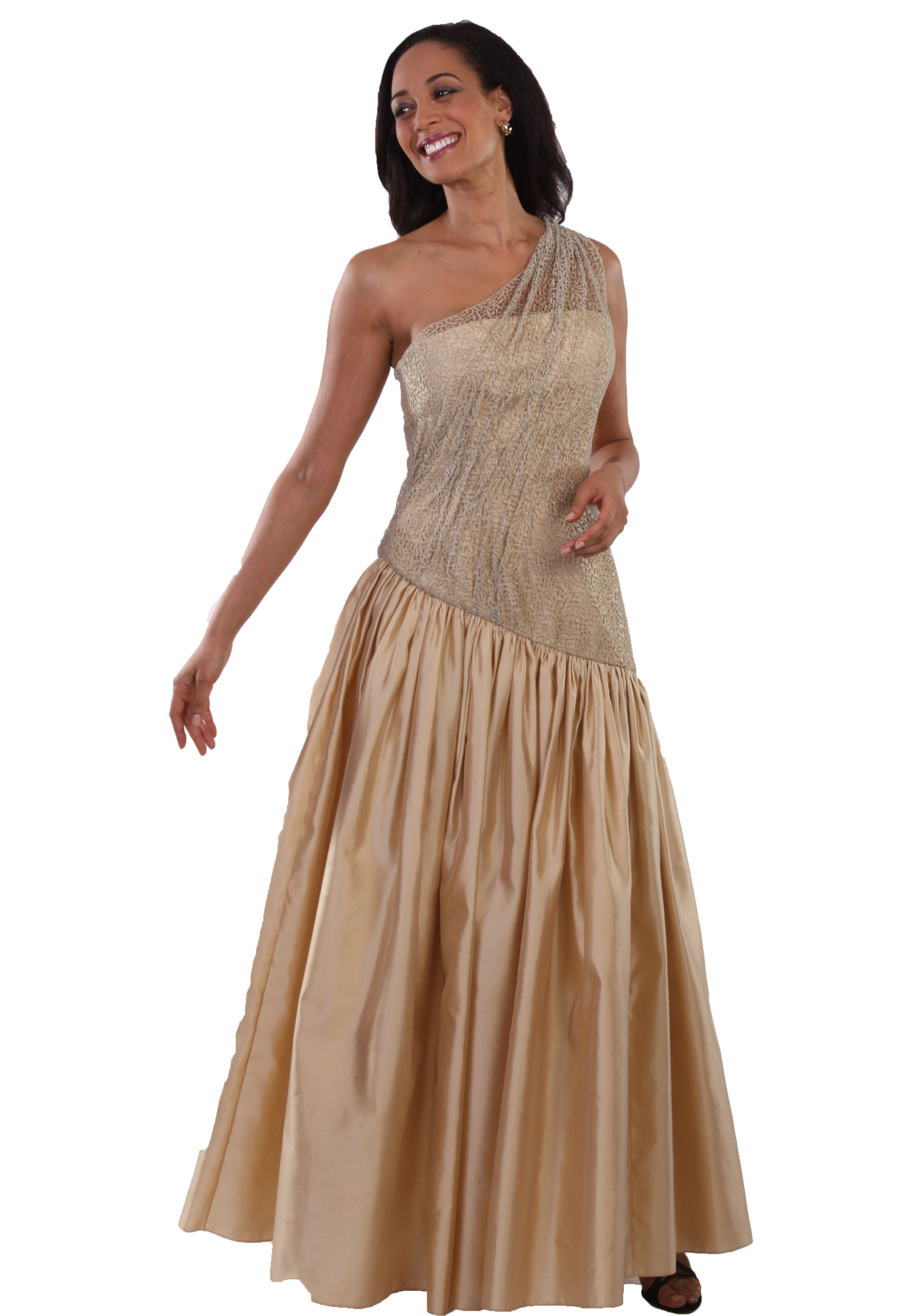 One Shoulder Drop Waist Ruched Gown