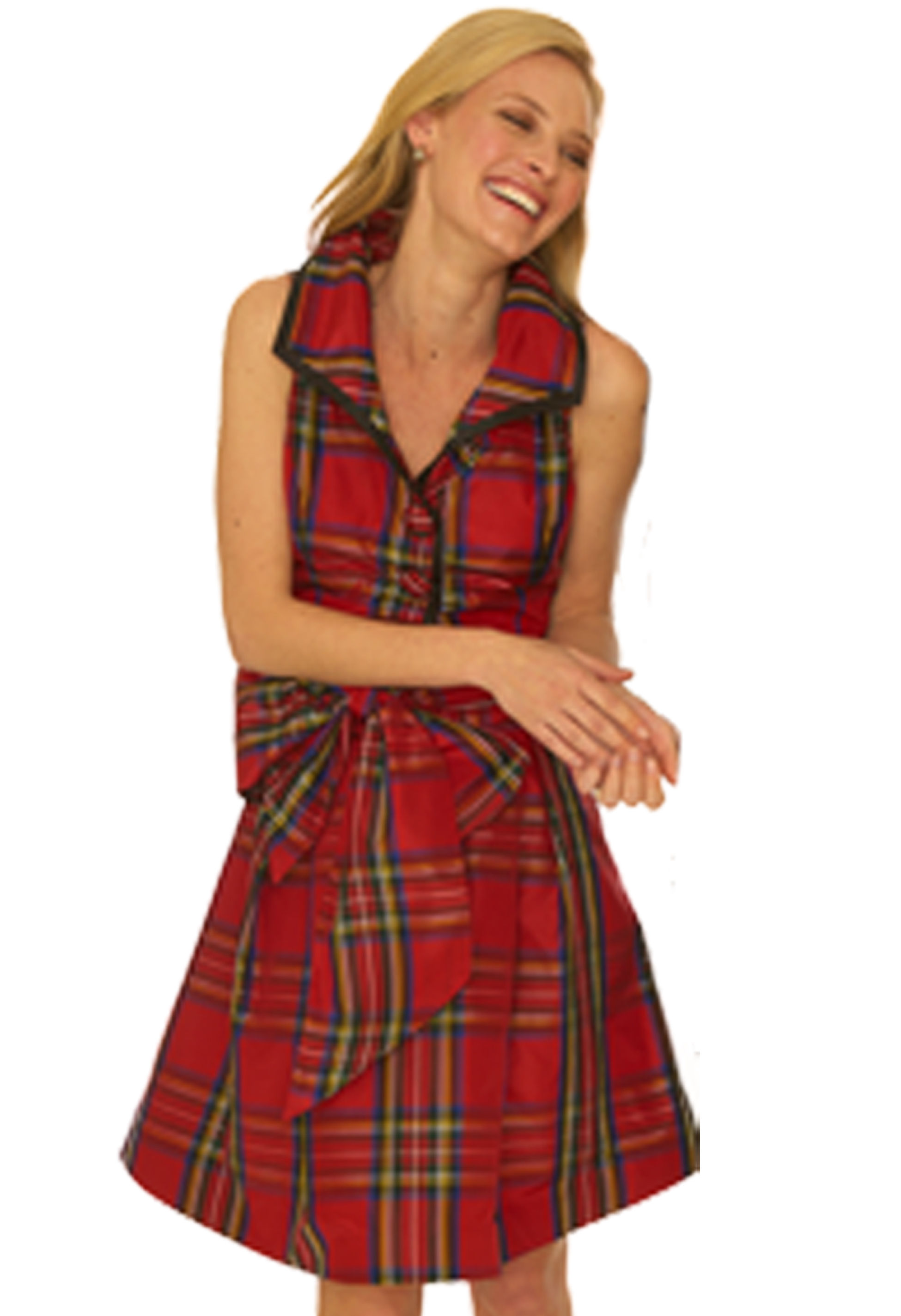 Red Silk Tartan Wedge Collar Flare Dress w/ Sash