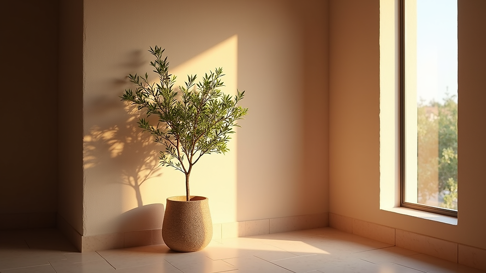 Vue en plongée d’un ficus lyrata placé près d’une fenêtre avec lumière tamisée dans un salon marocain