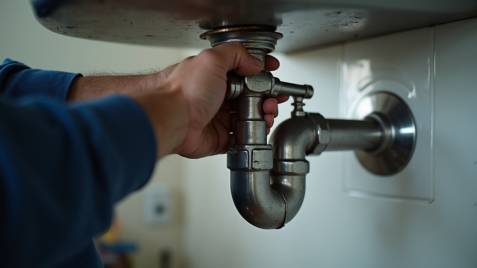 Close-up view of a plumber fixing a pipe under a kitchen sink
