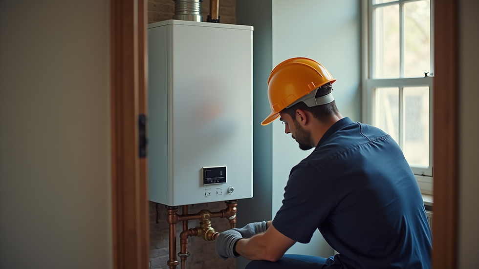 High angle view of a plumber installing a new boiler in a residential home