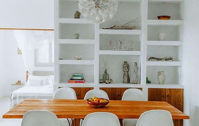 Weathered wood Dining table and rustic shelves