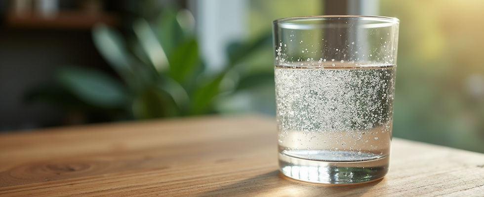 Close-up view of a clear glass filled with sparkling mineral water on a wooden table