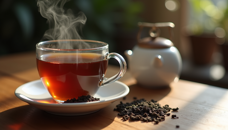 Close-up view of a steaming cup of black tea with loose leaves beside it