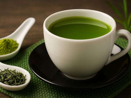 White cup of green tea on a black saucer with green backdrop. Nearby are spoons with green tea leaves and matcha powder, creating a calm vibe.