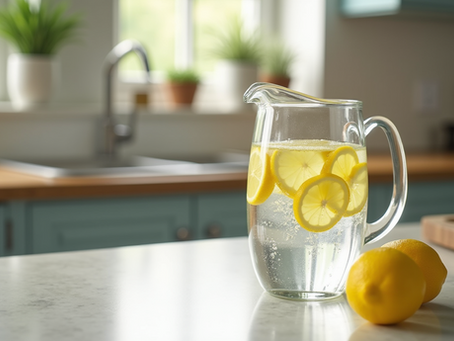 Glass pitcher with mineral water and lemon slices, ready to serve