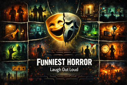 Collage of divided horror-comedy scenes surround a half-smiling, half-screaming mask. Text reads "Funniest Horror: Laugh Out Loud" in bold.