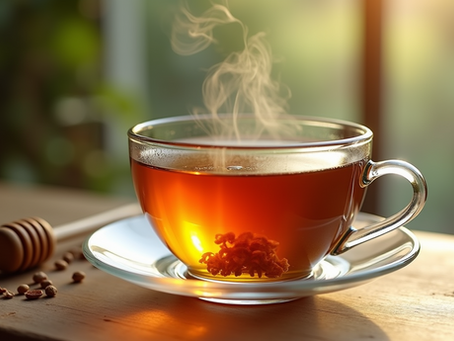 A steaming cup of herbal tea with honey to soothe sore throat