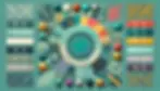 Colorful circular abstract art with vibrant patterns and textures on a teal background. Surrounding color swatches show various shades.