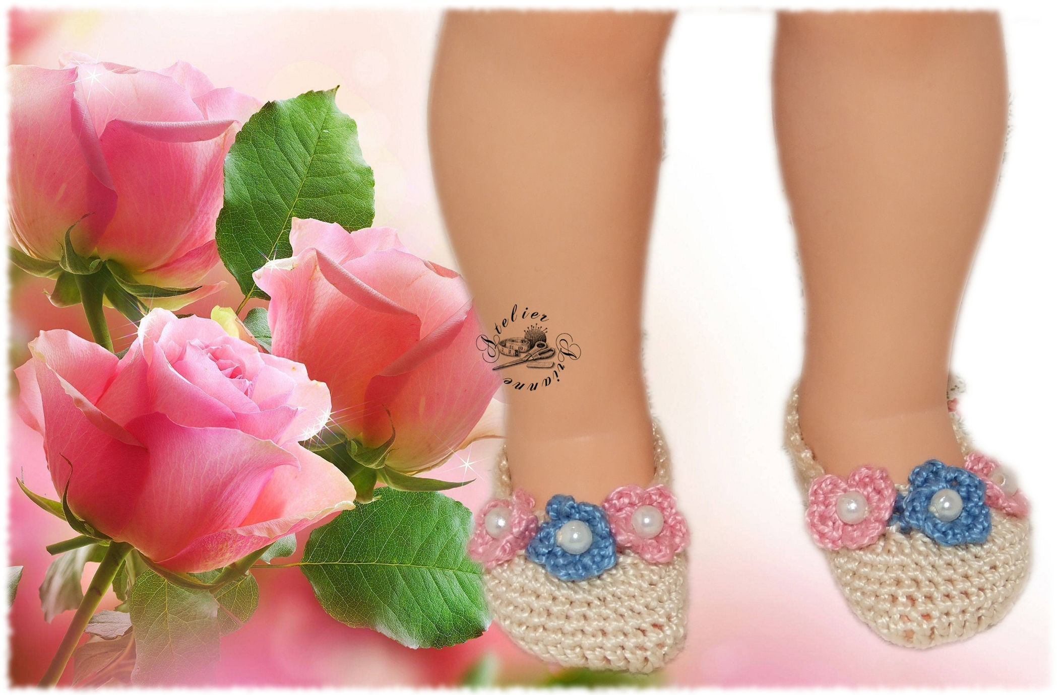 Reservé Chaussures poupée Modes et Travaux Françoise Écru fleurs roses et bleues