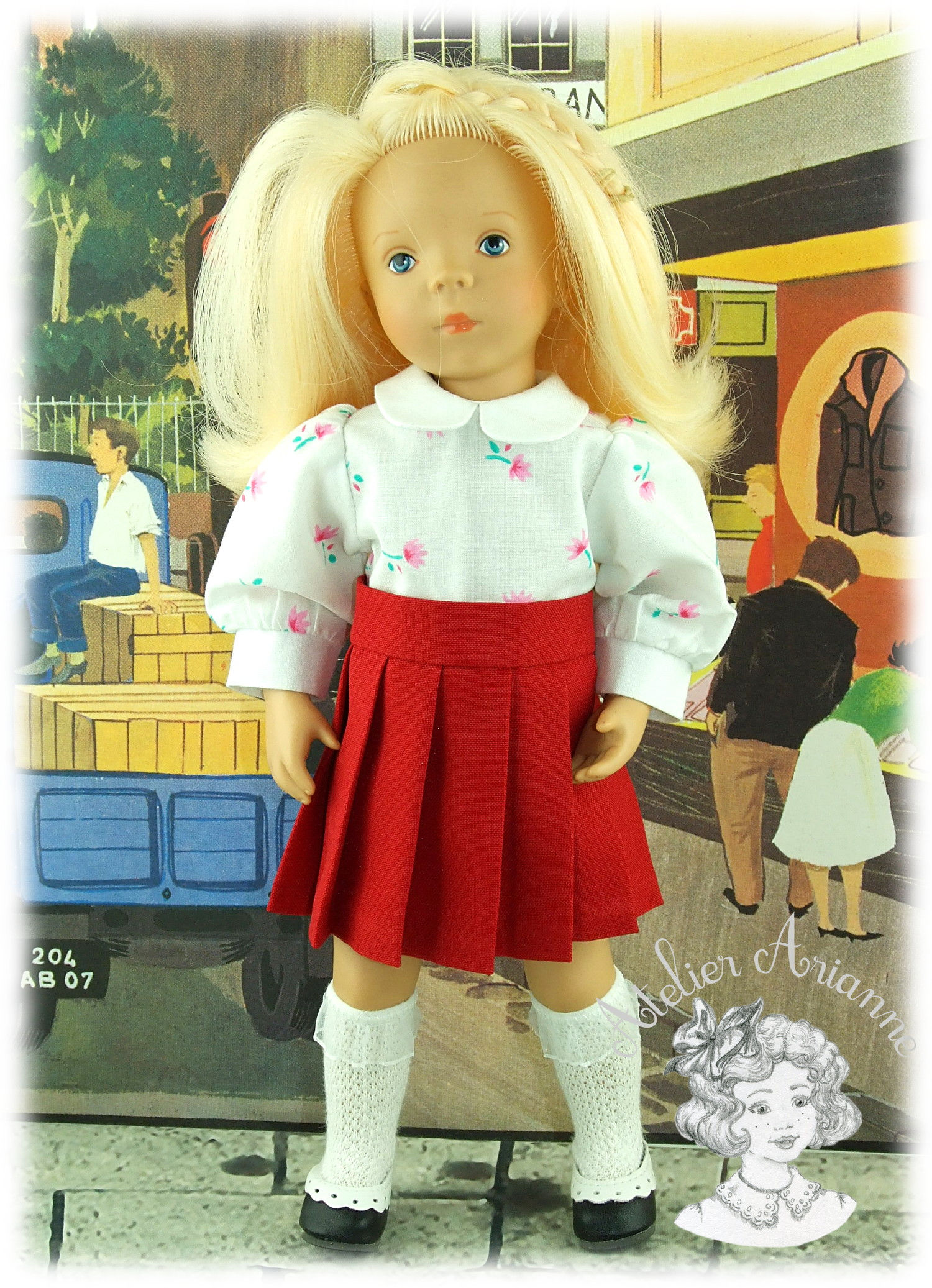 Chemise et jupe plissée pour poupée Minouche de 33 cm