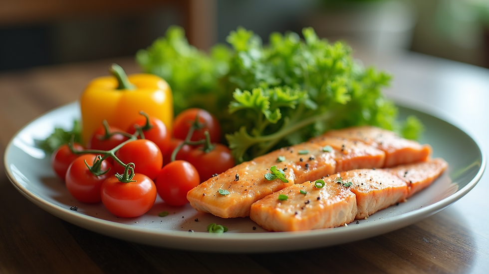 Close-up view of a colorful plate with fresh vegetables and lean protein