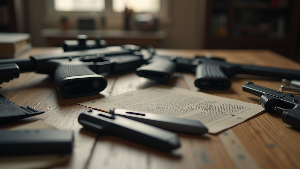 Close-up view of diverse training materials for firearms instruction