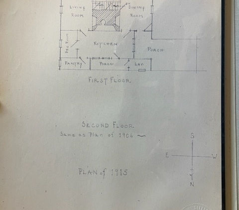 Mather Homestead floor plan after 1915 alterations drawn by Bertha Mather in 1956