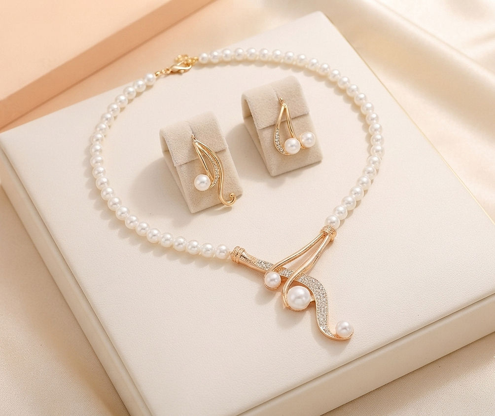 Conjunto Feminino de Colar e Brincos com Pérolas