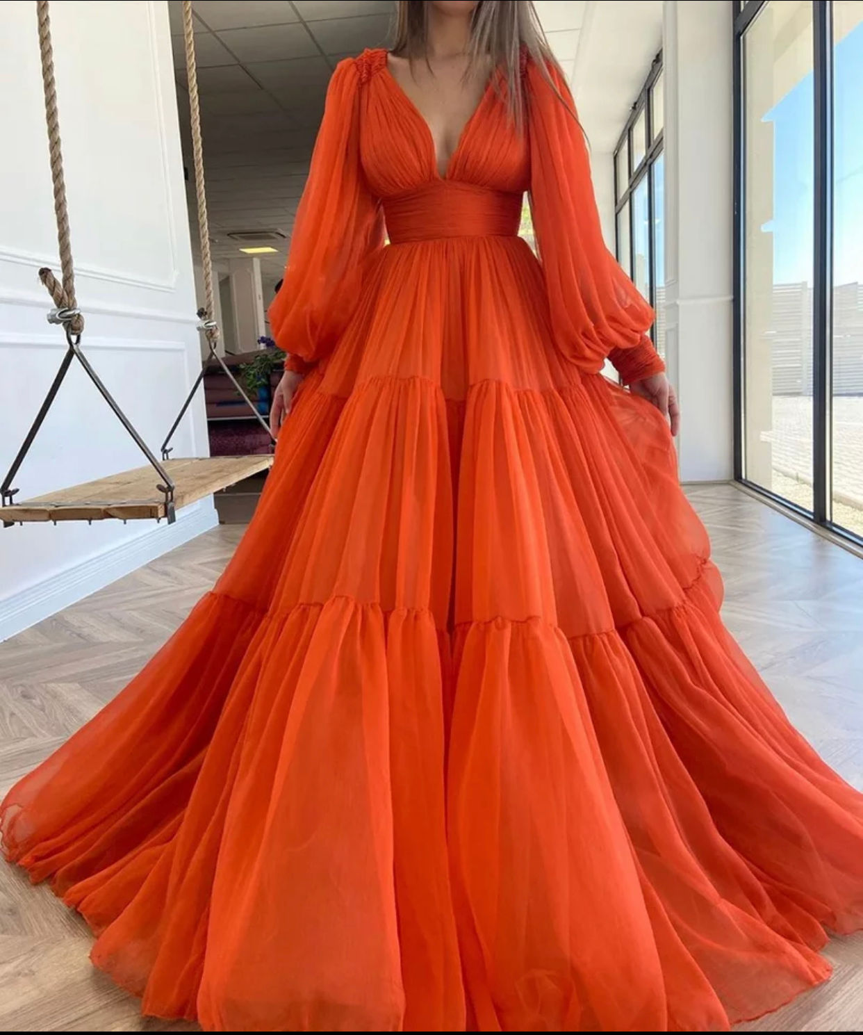 Long Puff Sleeves Prom Dresses V-Neck Pleats Chiffon Princess Evening Gowns Wome