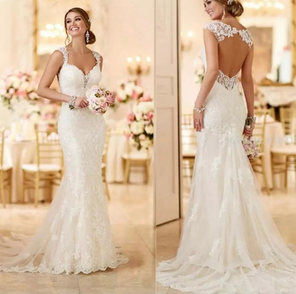US Mermaid Wedding Dresses For Bride Long Lace Open Back Brida