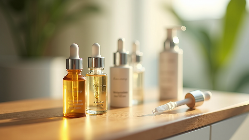 Eye-level view of various skincare serums arranged on a wooden surface