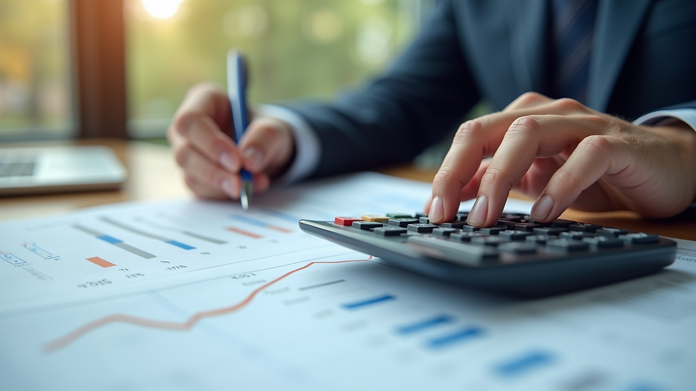 Close-up view of a CPA working on financial reports with a calculator